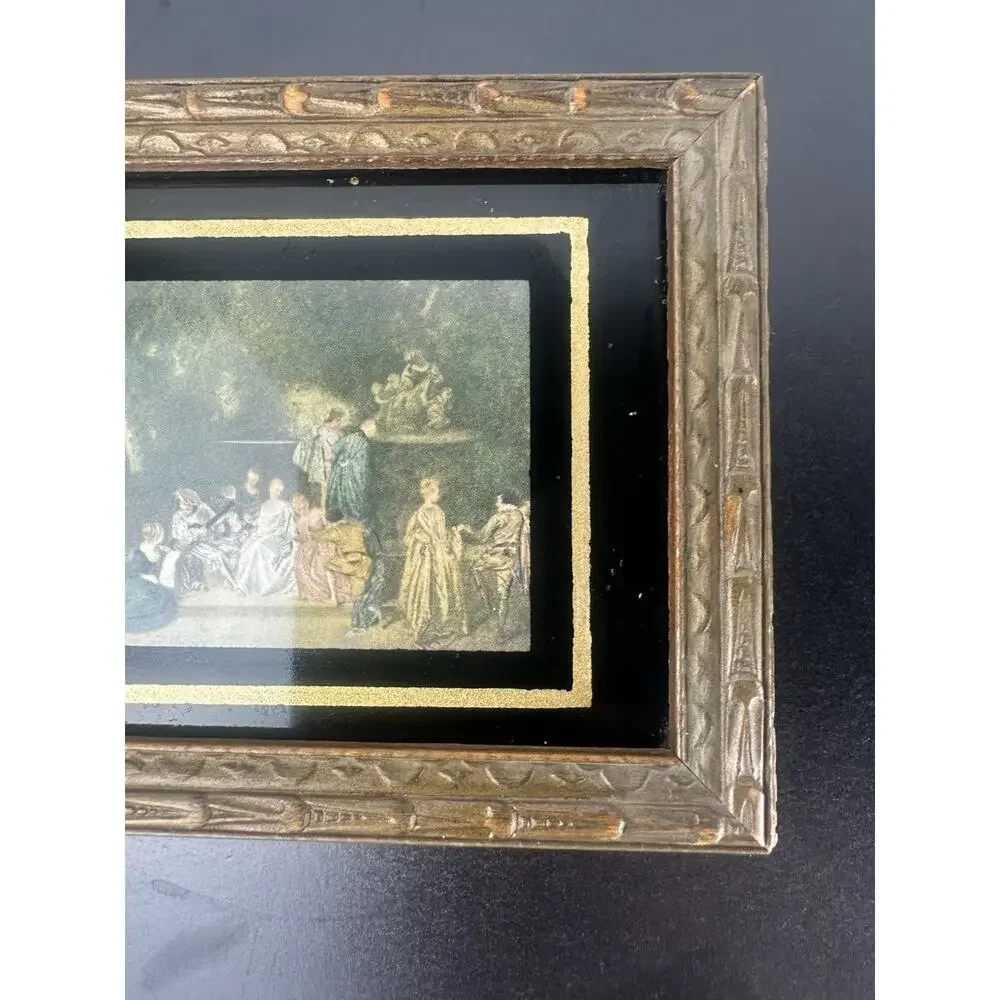 Jewelry Vanity Trinket Box Glass Top Victorian Scene Lid 1940's Antique